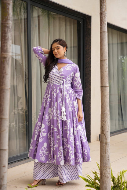 Evadne Purple Printed Cotton Suit Set