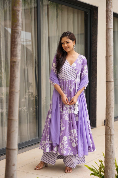Evadne Purple Printed Cotton Suit Set