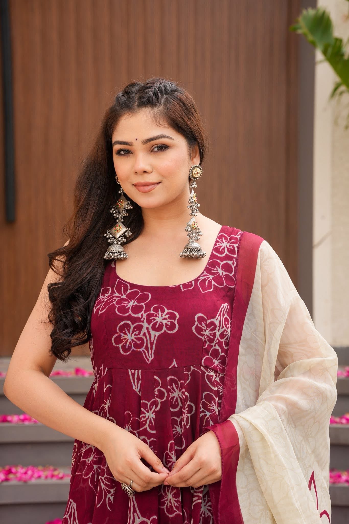 Maroon Blossom Organza Anarkali Suit Set