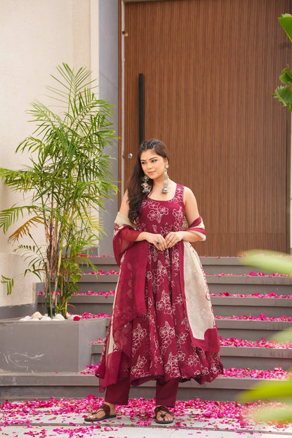Maroon Blossom Organza Anarkali Suit Set