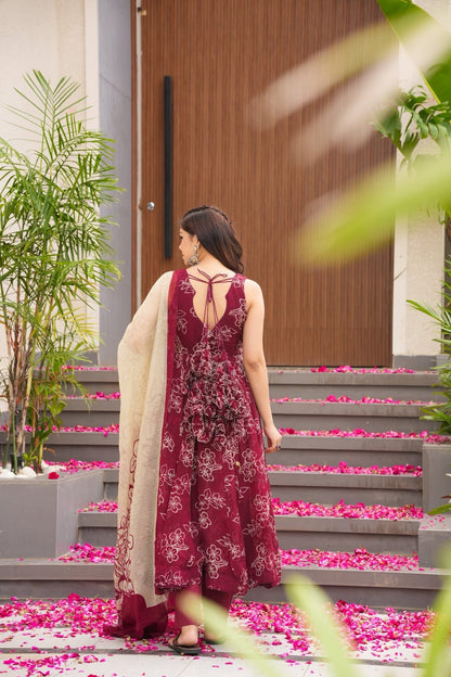 Maroon Blossom Organza Anarkali Suit Set