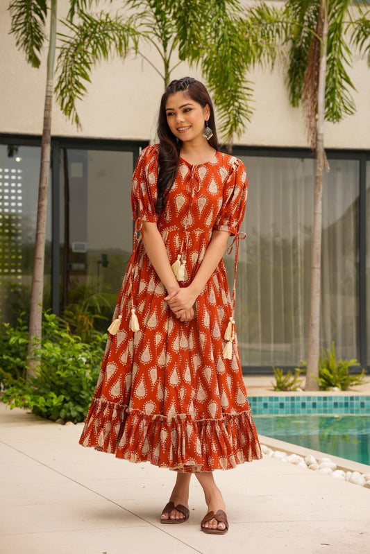 Rust Paisley Cotton Printed Dress