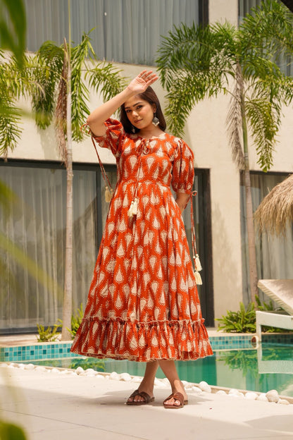 Rust Paisley Cotton Printed Dress