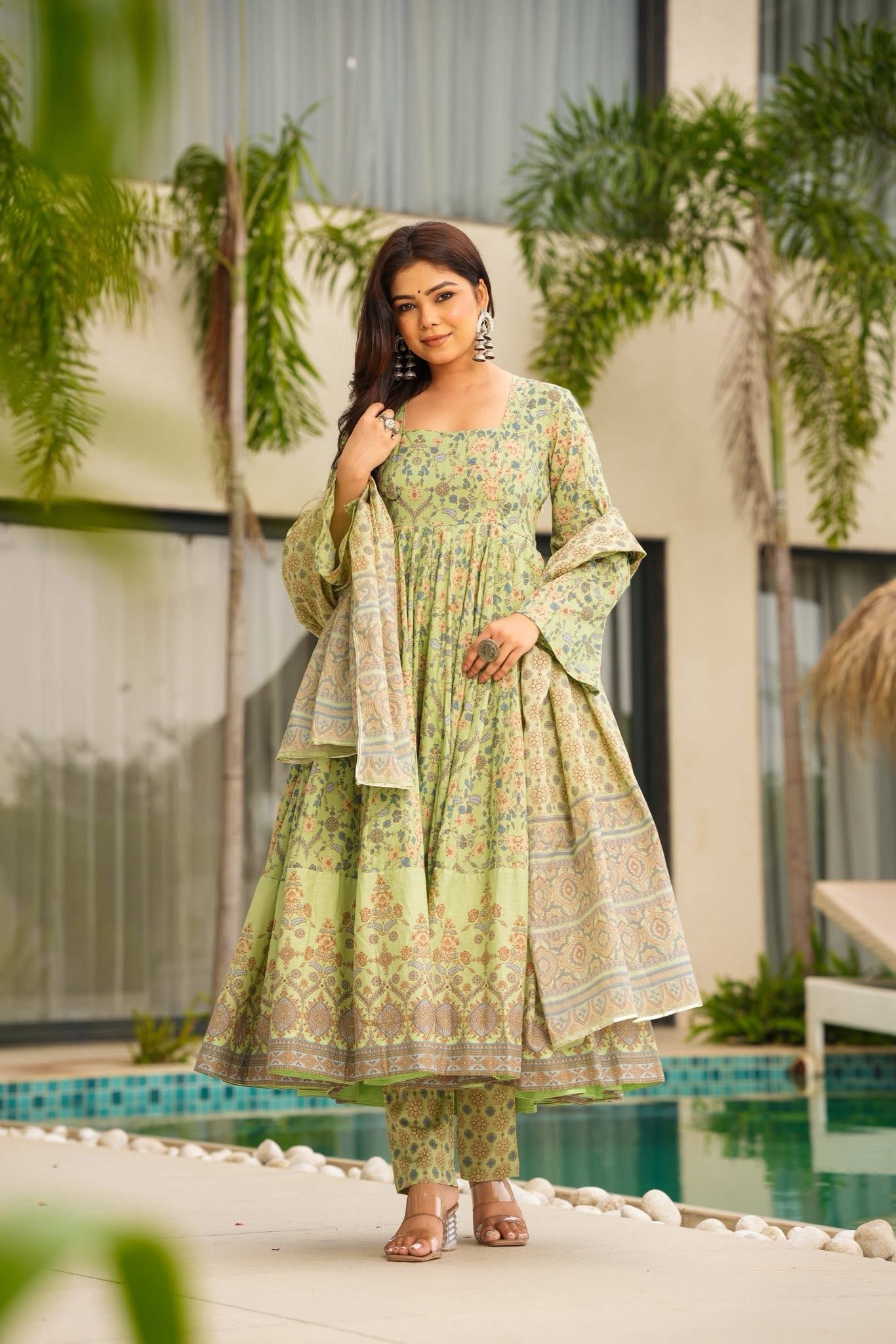 Danika Pastel Printed Cotton Anarkali Suit Set