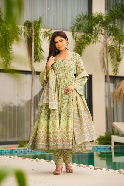 Danika Pastel Printed Cotton Anarkali Suit Set