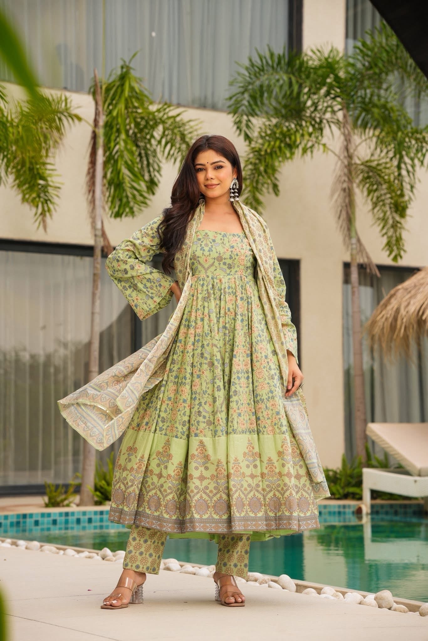 Danika Pastel Printed Cotton Anarkali Suit Set