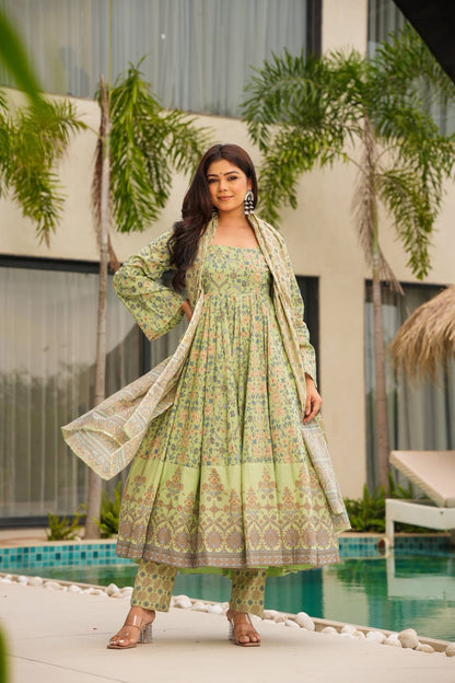 Danika Pastel Printed Cotton Anarkali Suit Set
