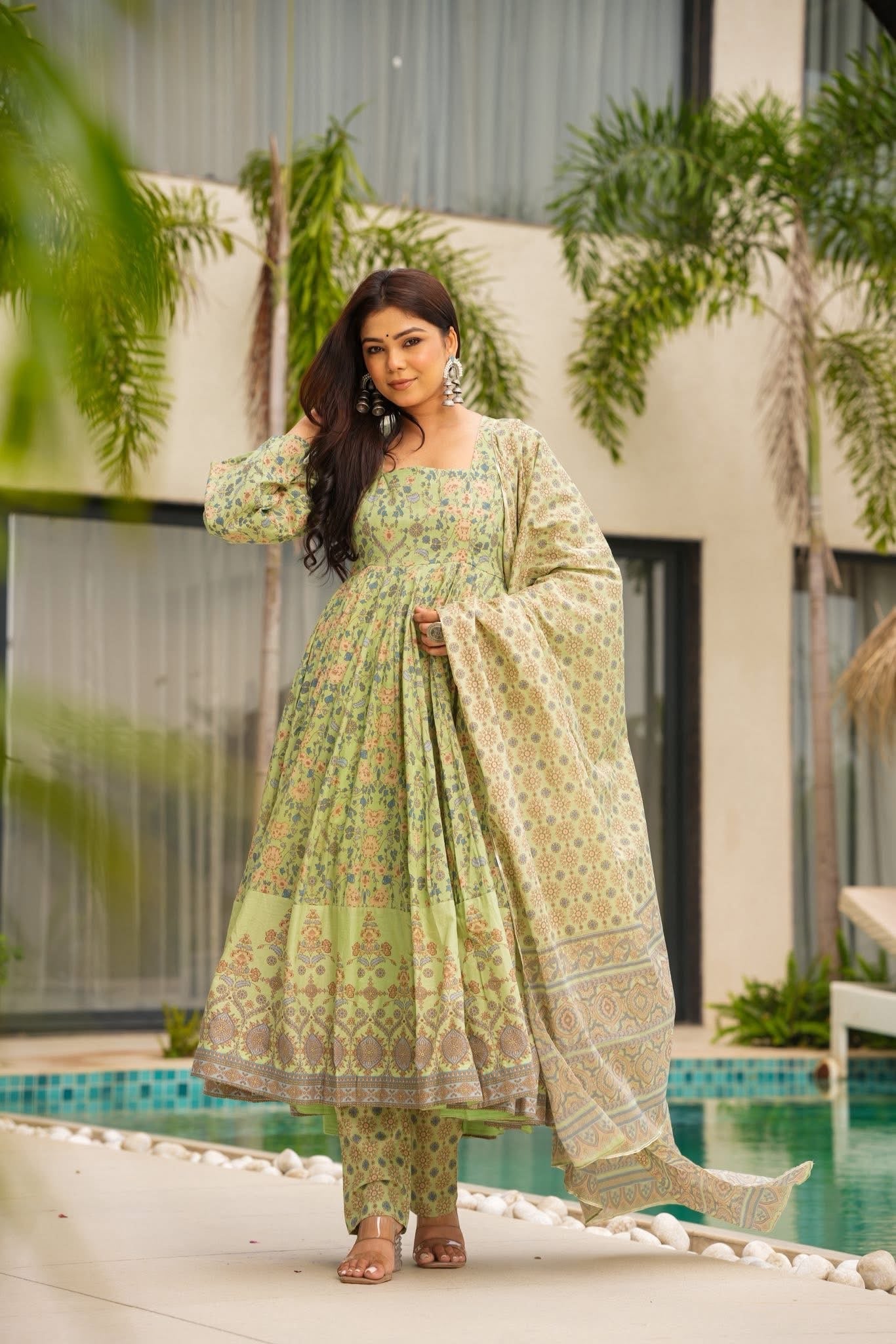 Danika Pastel Printed Cotton Anarkali Suit Set