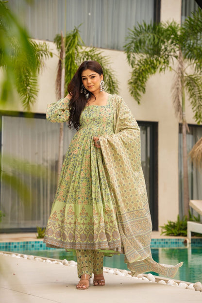 Danika Pastel Printed Cotton Anarkali Suit Set