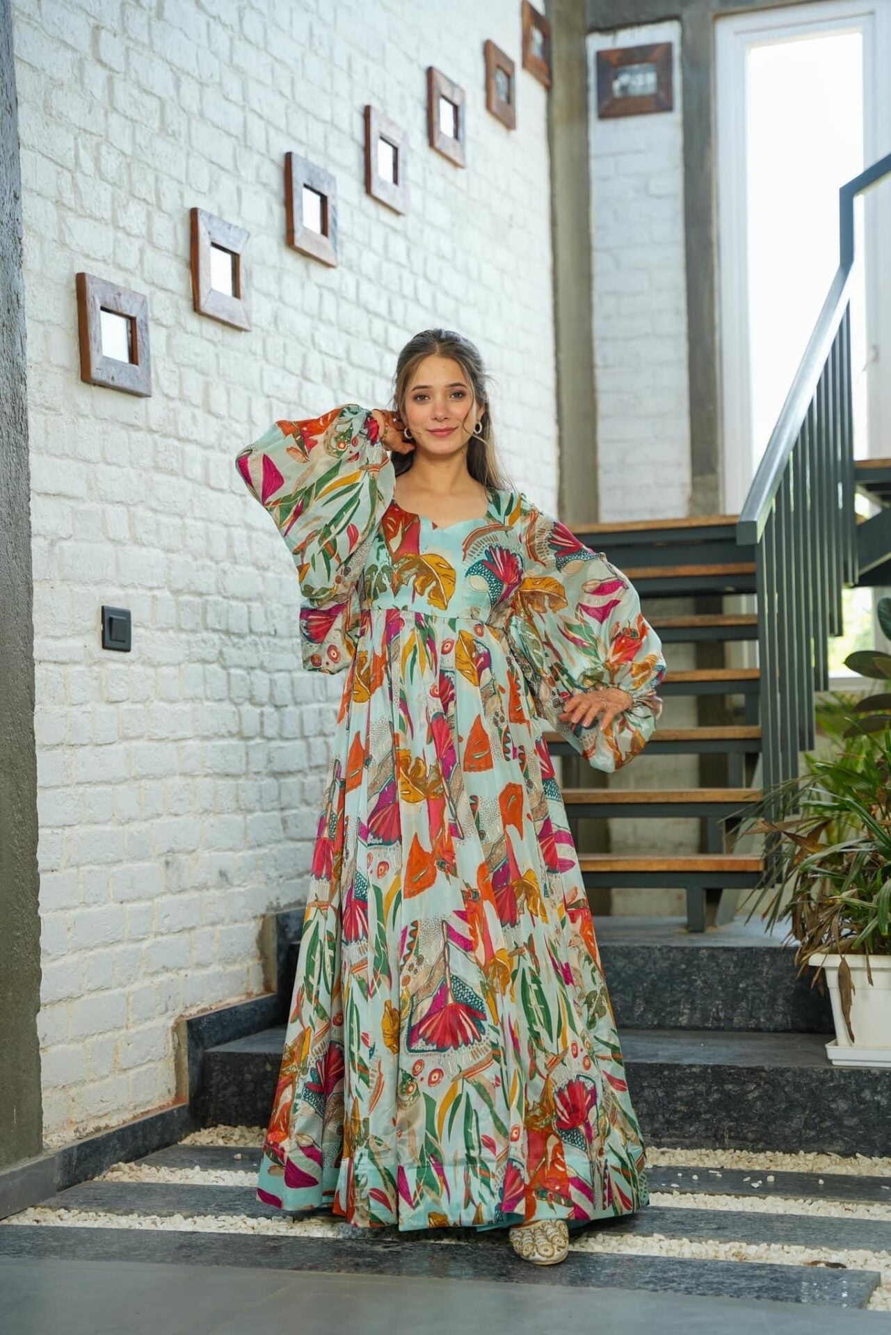 Multicolor Floral Eshita Chinon Maxi Gown Dress For Women