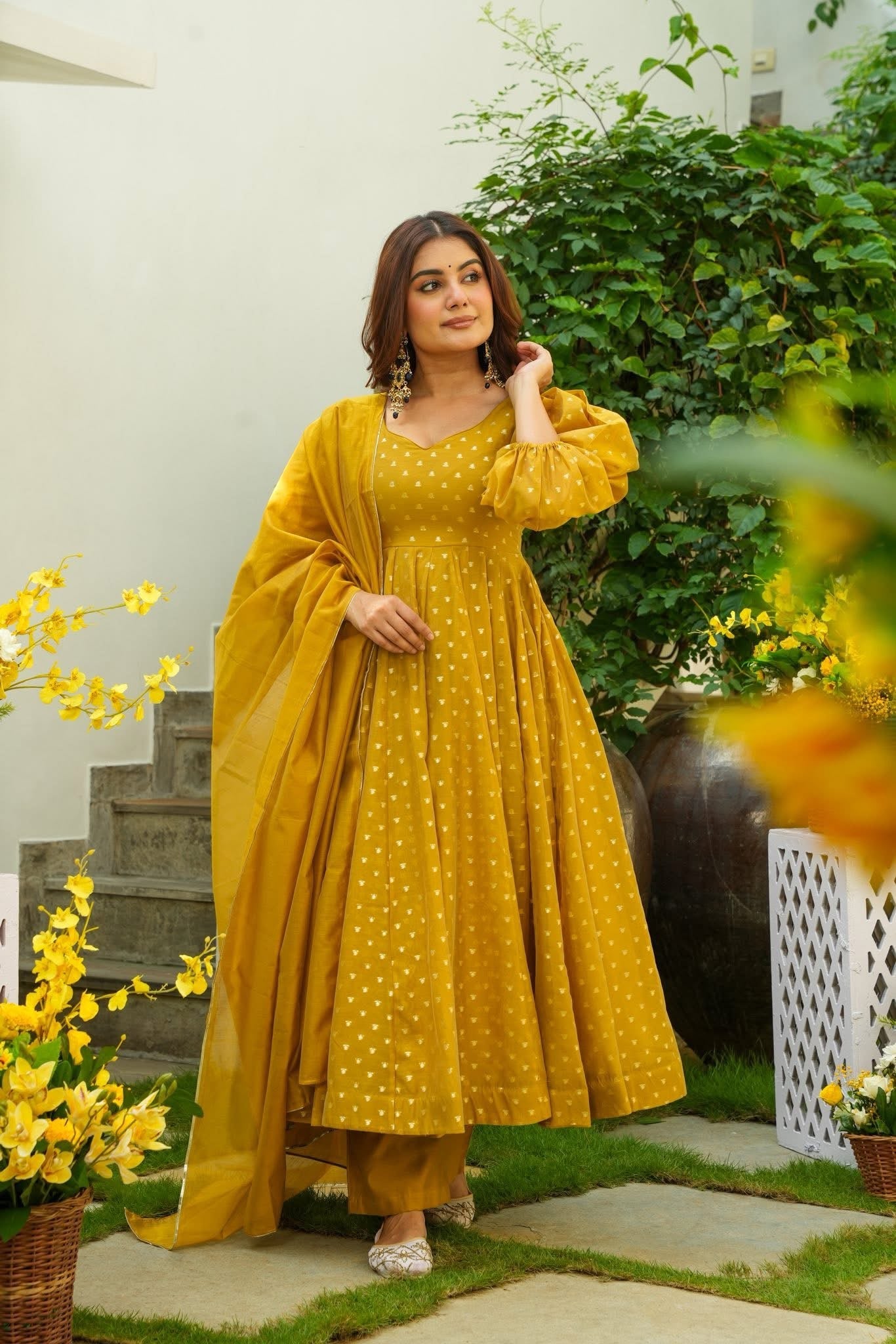 Tawny Puff Sleeves Anarkali Suit Set