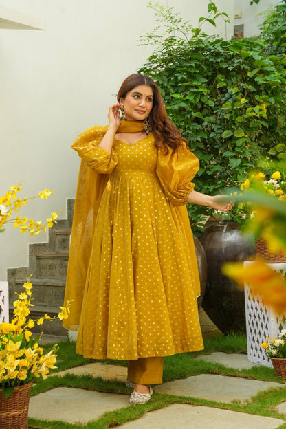 Tawny Puff Sleeves Anarkali Suit Set