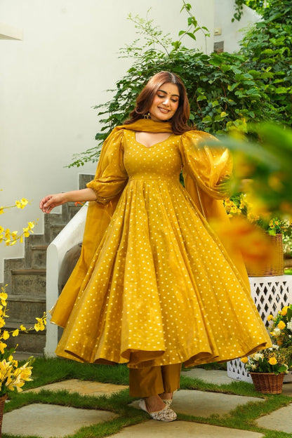 Tawny Puff Sleeves Anarkali Suit Set