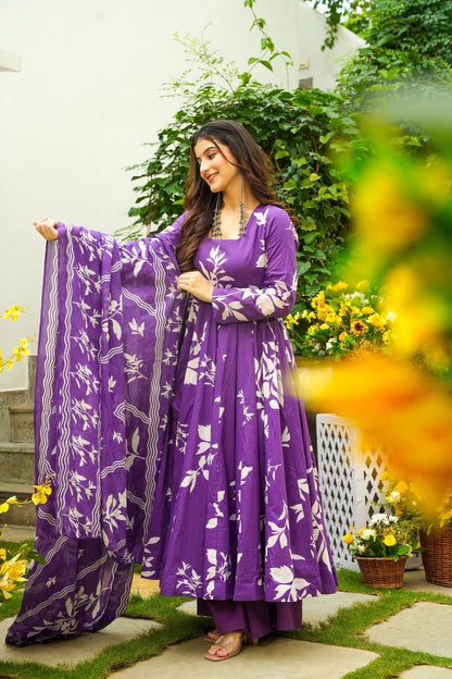 Budding Purple Cotton Anarkali Suit Set