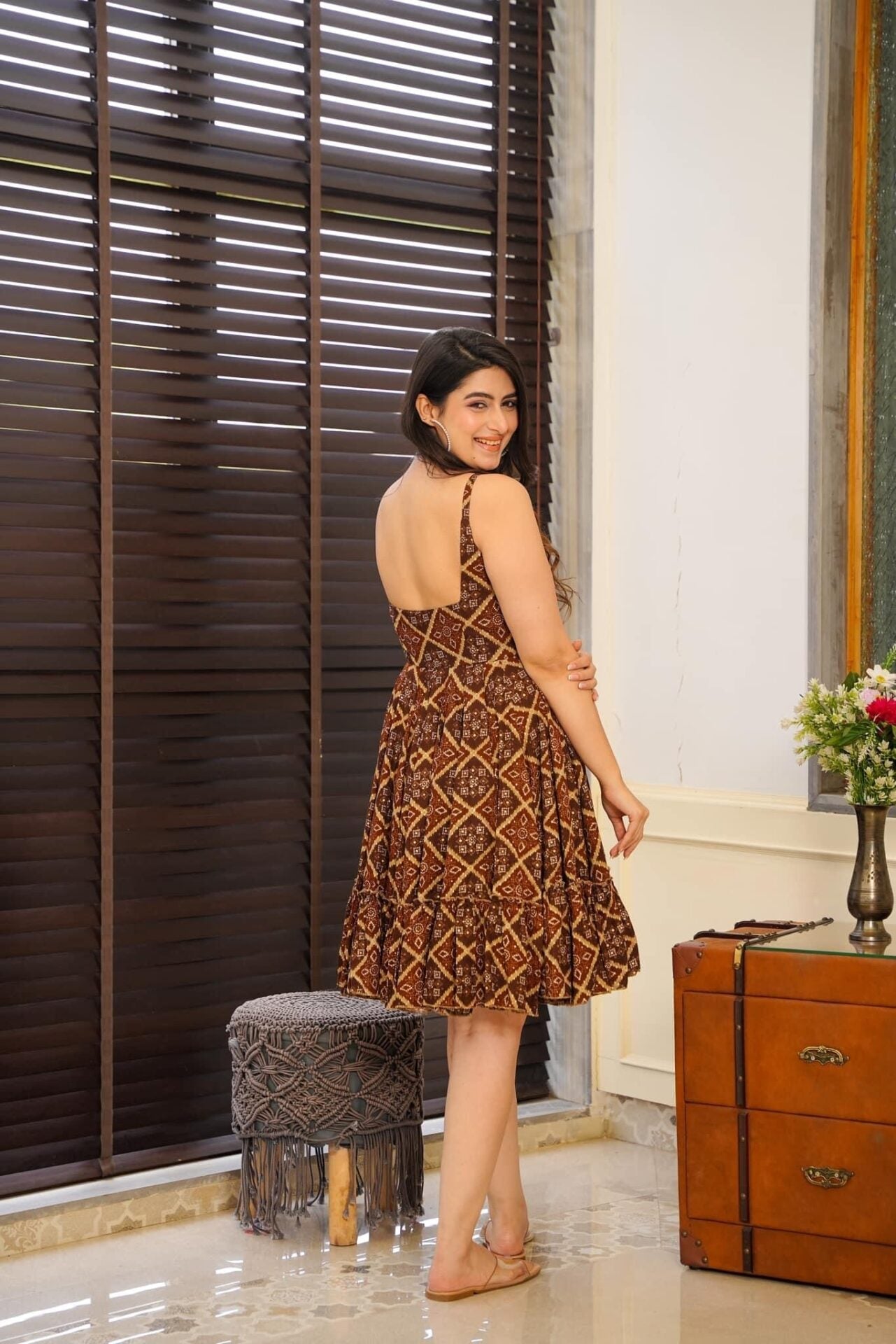 Brown Printed Designer Kaisley Rayon Knee-Length Dress