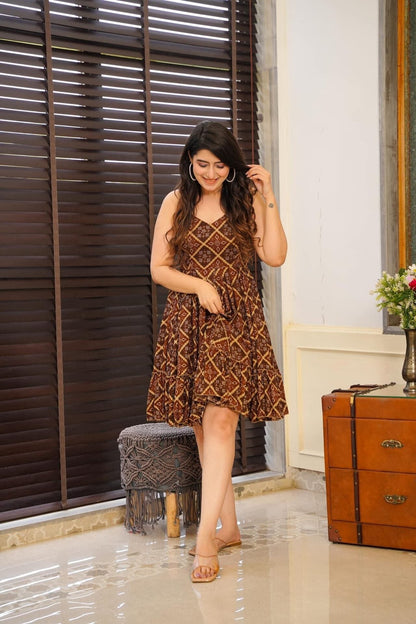 Brown Printed Designer Kaisley Rayon Knee-Length Dress