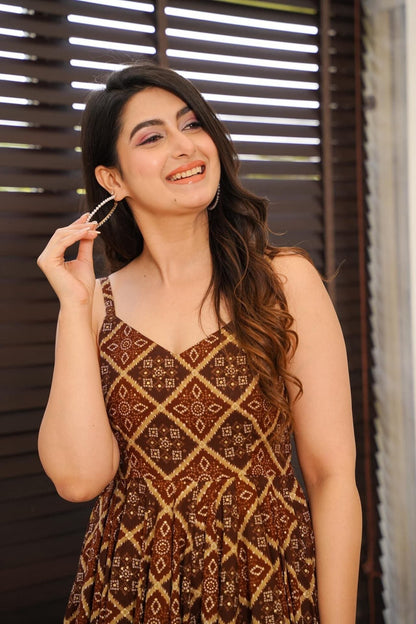 Brown Printed Designer Kaisley Rayon Knee-Length Dress