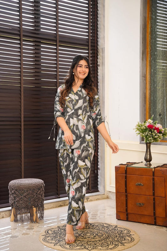 Grey & White Serene Cotton Duo Co Ord Set For Women