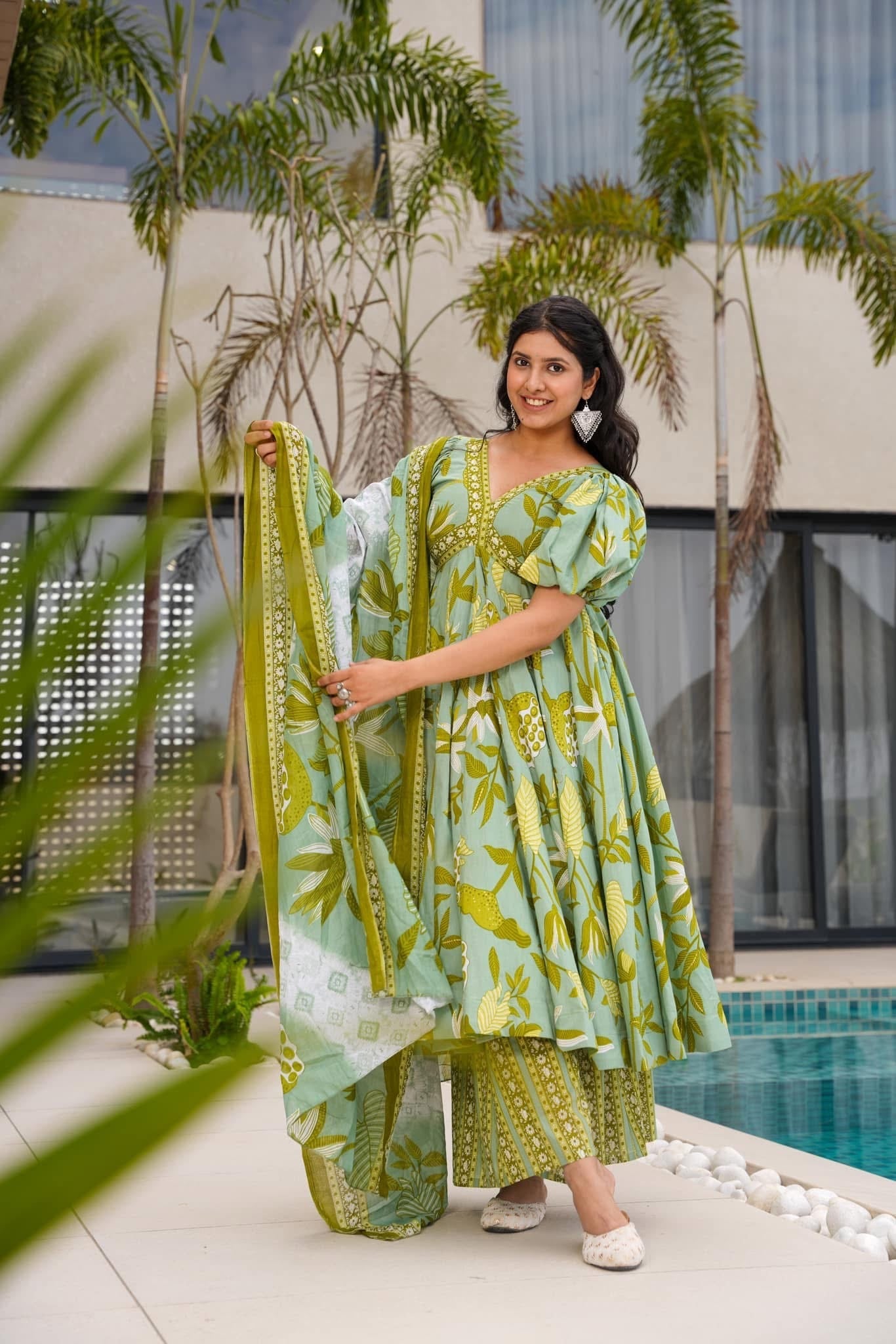 Tropical Green Cotton Suit Set