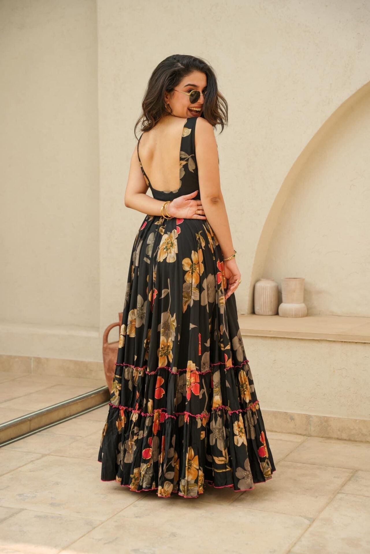 Black floral Designer Rayon Fit & Flare Maxi Gown Dress