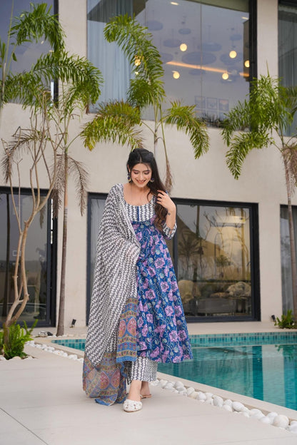 Navy Elegance Cotton Suit Set