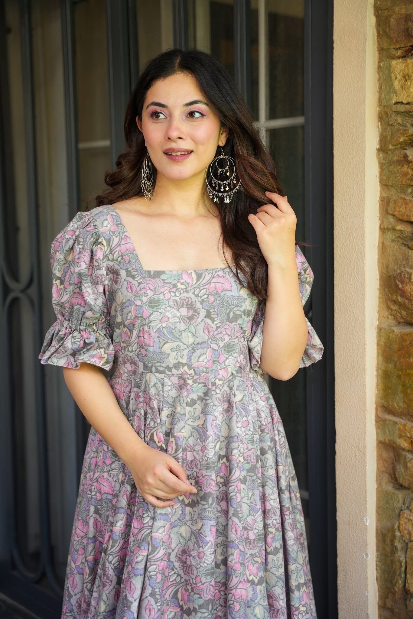 Grey Bloom Cotton Dress