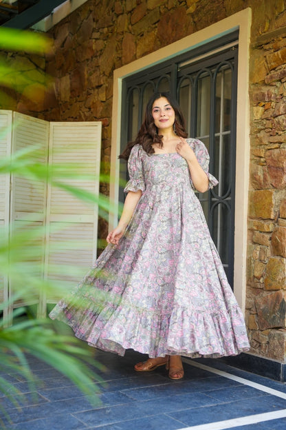 Grey Bloom Cotton Dress
