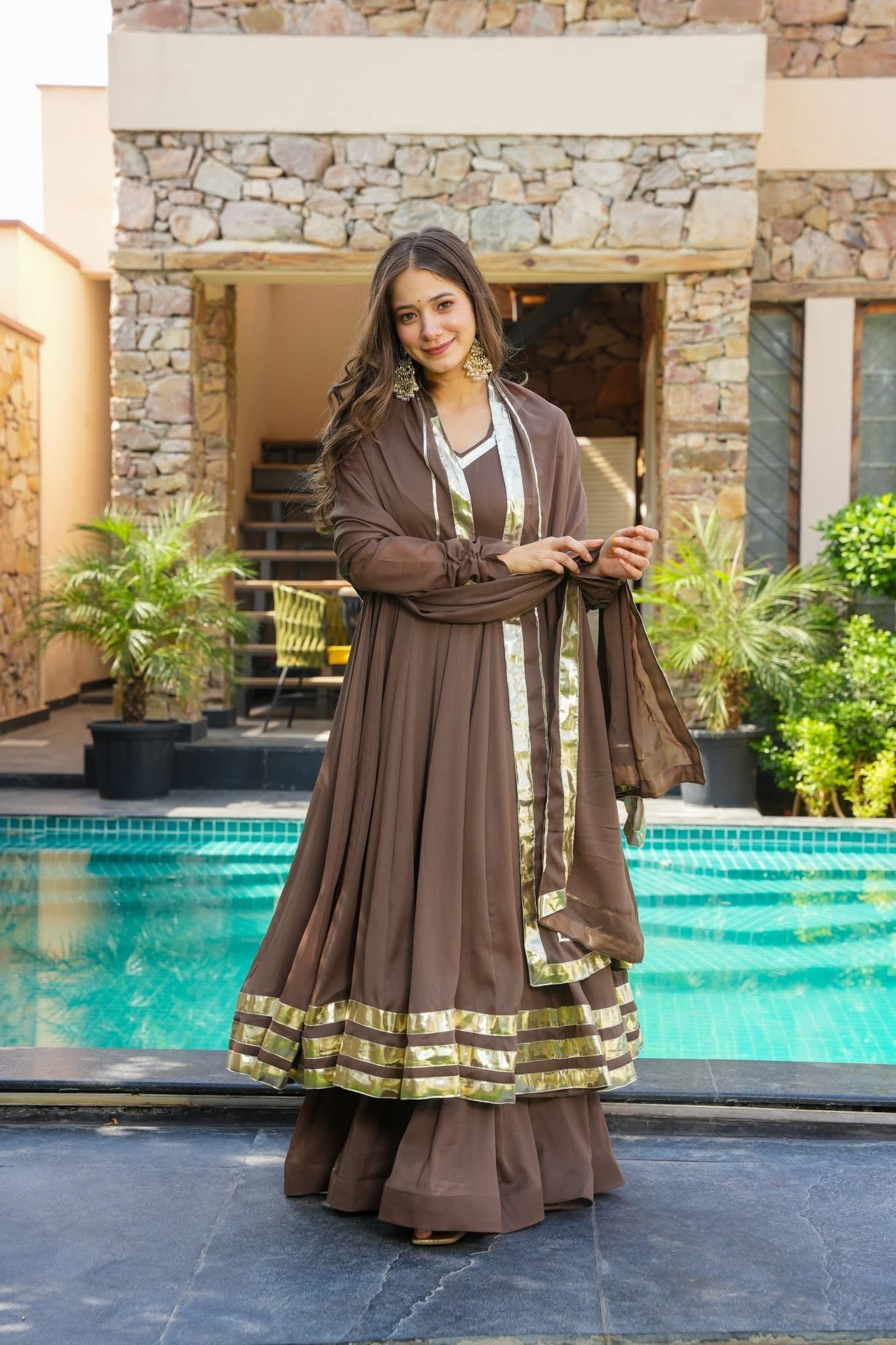 Mocha Elegance Georgette Suit Set
