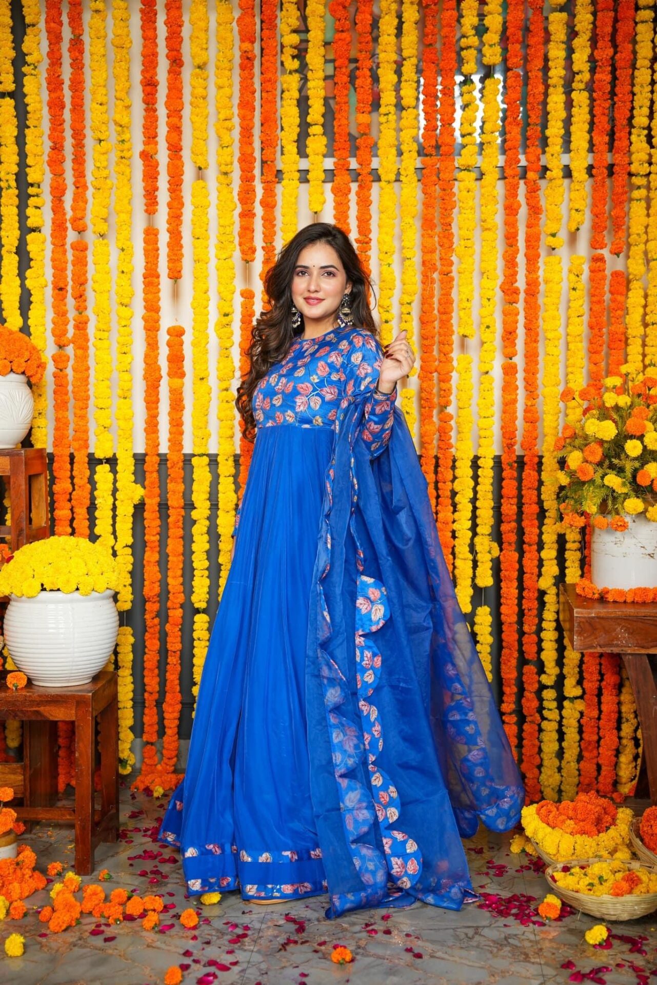 Ridhi Bright Blue Maxi Gown Dress with Organza Dupatta