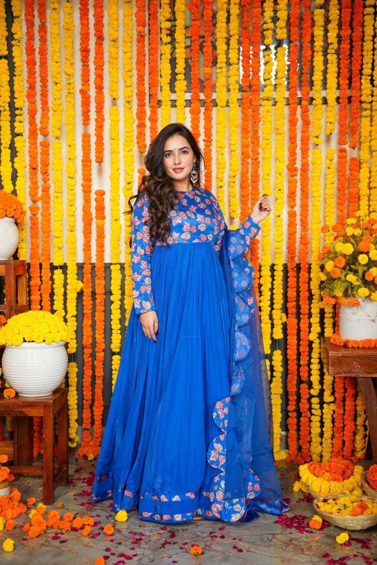 Ridhi Bright Blue Maxi Gown Dress with Organza Dupatta