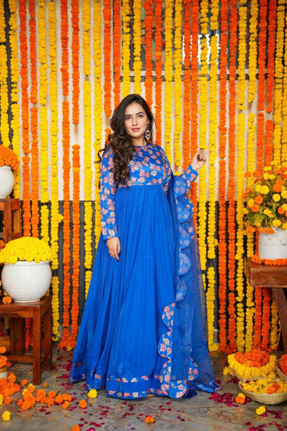 Ridhi Bright Blue Maxi Gown Dress with Organza Dupatta