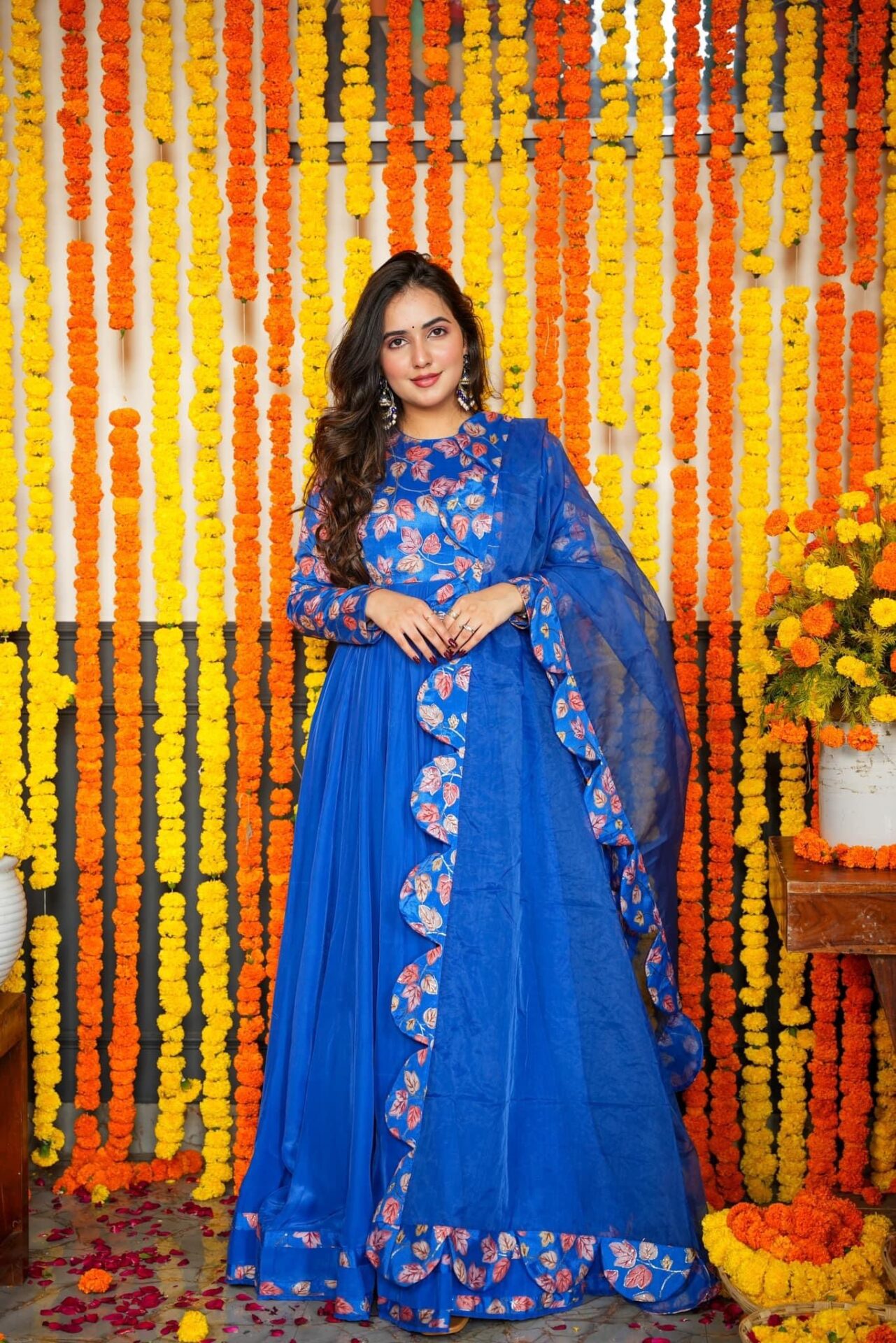 Ridhi Bright Blue Maxi Gown Dress with Organza Dupatta