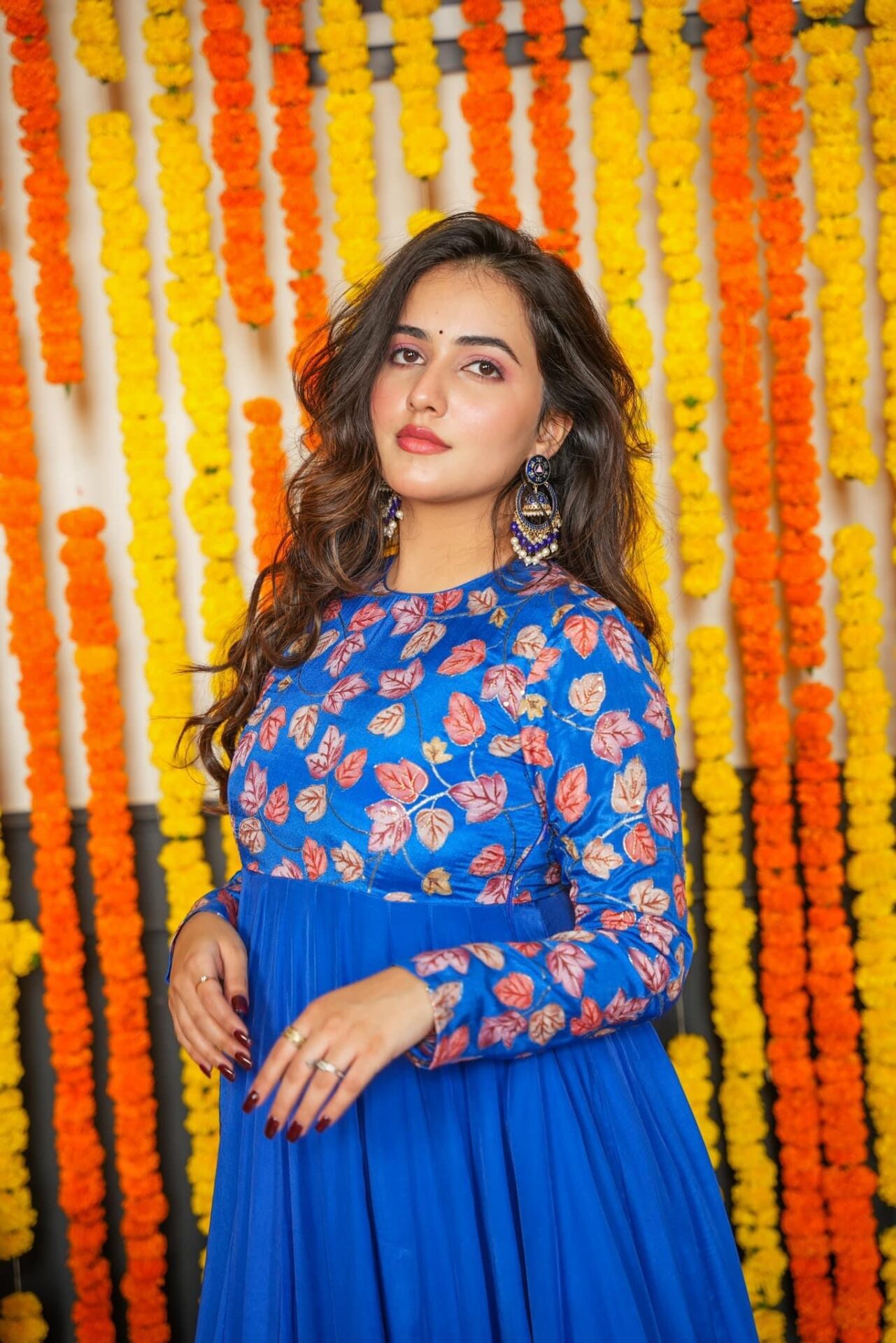 Ridhi Bright Blue Maxi Gown Dress with Organza Dupatta