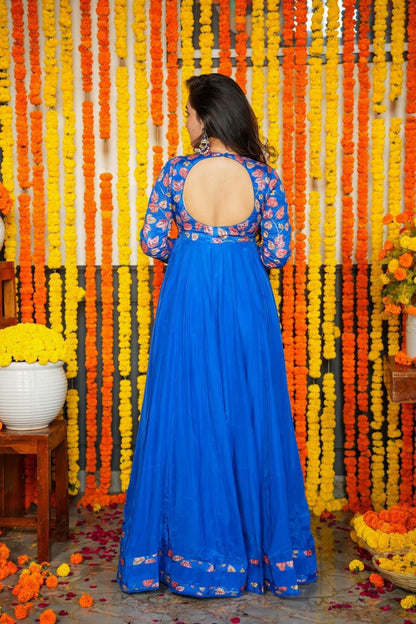 Ridhi Bright Blue Maxi Gown Dress with Organza Dupatta