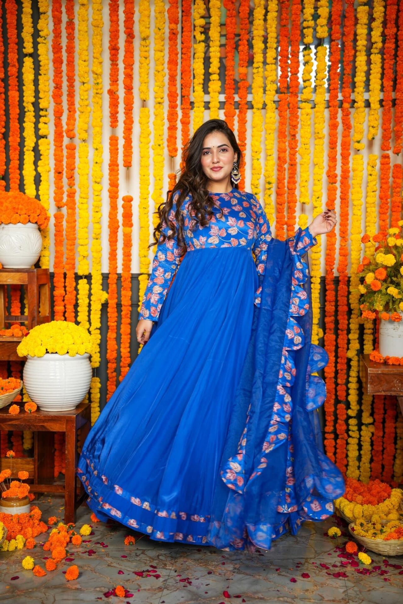 Ridhi Bright Blue Maxi Gown Dress with Organza Dupatta