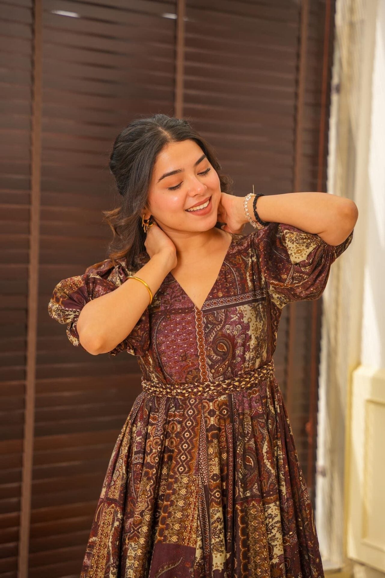 Brown Print Puffed Sleeve Aries Designer Muslin Long dress