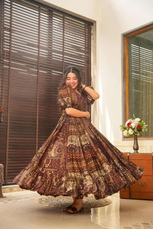 Brown Print Puffed Sleeve Aries Designer Muslin Long dress