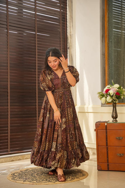 Brown Print Puffed Sleeve Aries Designer Muslin Long dress