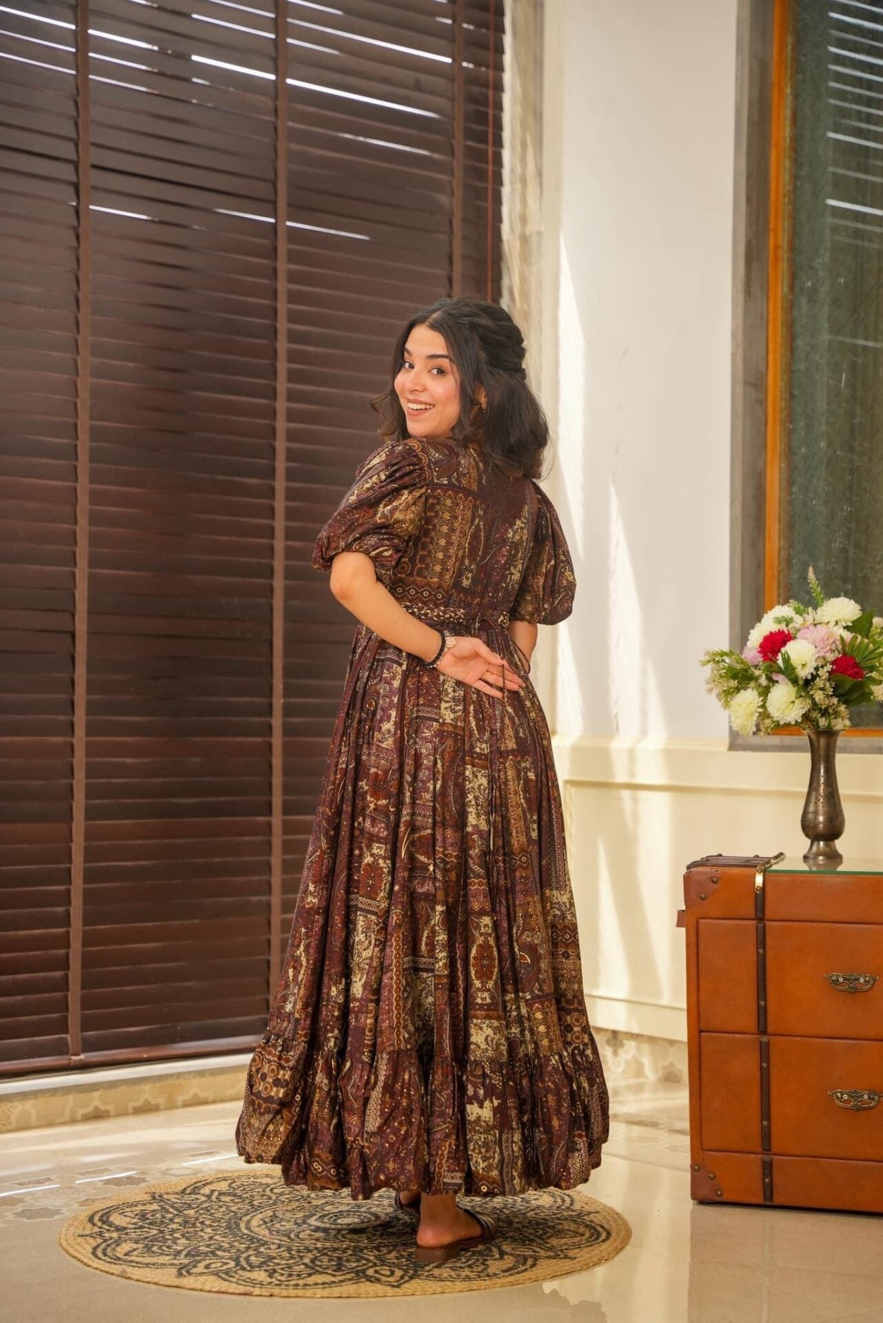 Brown Print Puffed Sleeve Aries Designer Muslin Long dress