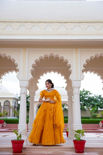 Yellow Organza Puff Sleeves Lehenga & Blouse With Dupatta