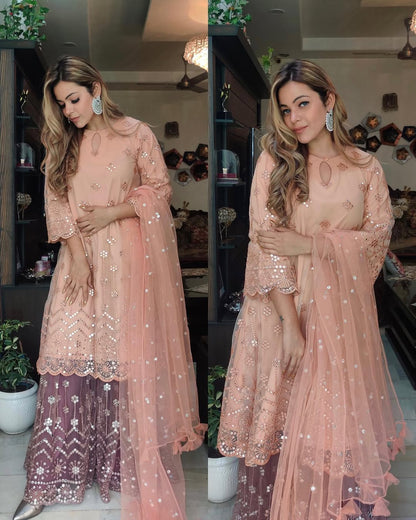 Peach Embellished Tunic with Plazo Pants Set