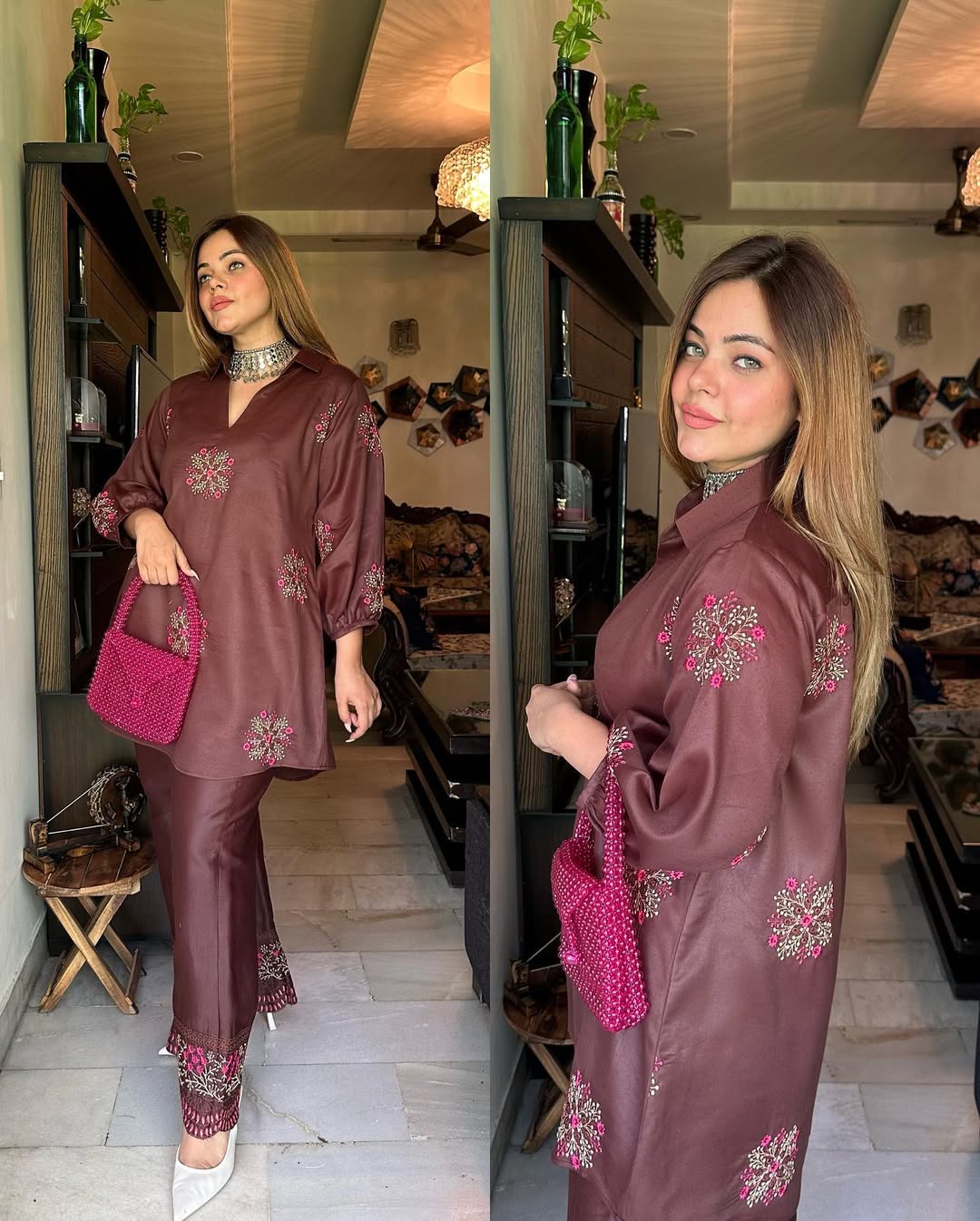 Deep Burgundy Embroidered Tunic Set