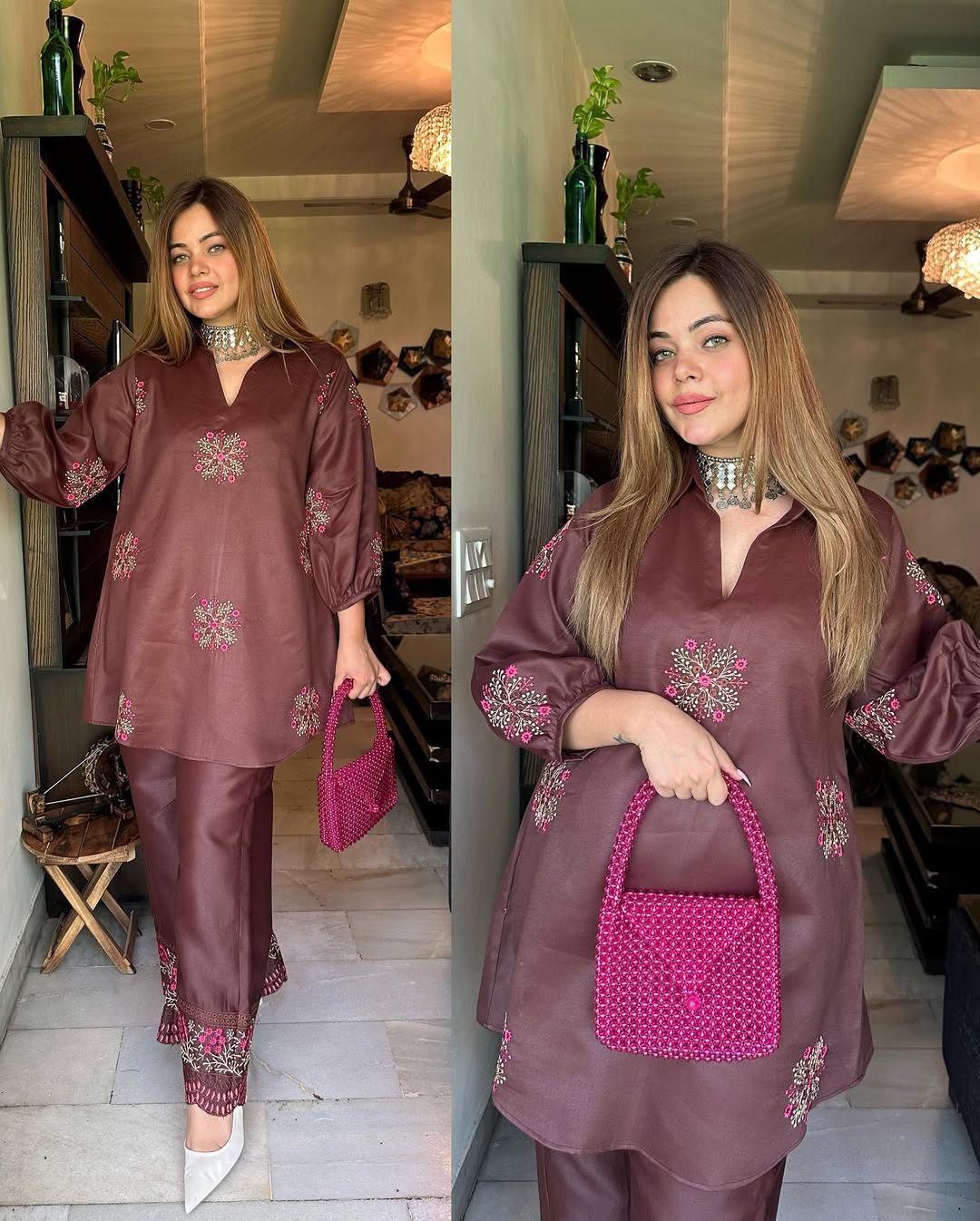 Deep Burgundy Embroidered Tunic Set