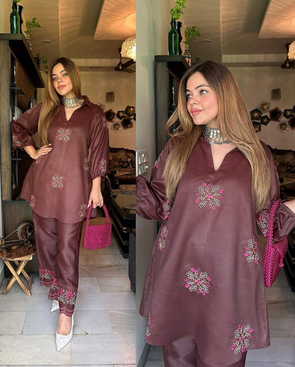 Deep Burgundy Embroidered Tunic Set