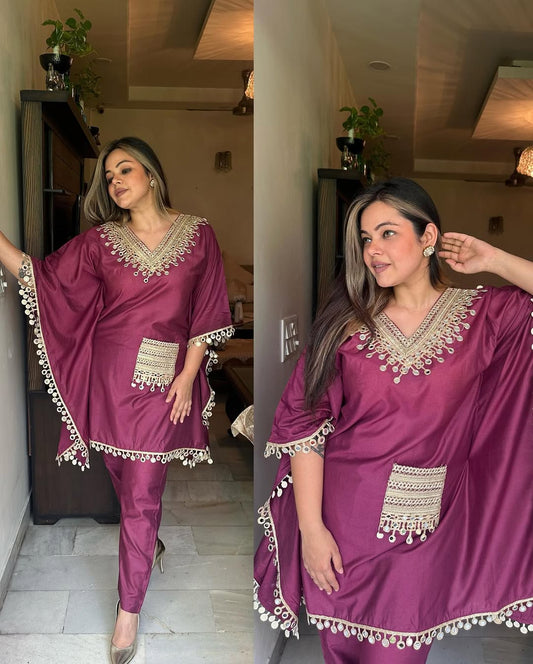 Maroon with Pom-Pom Detailing Tunic Set