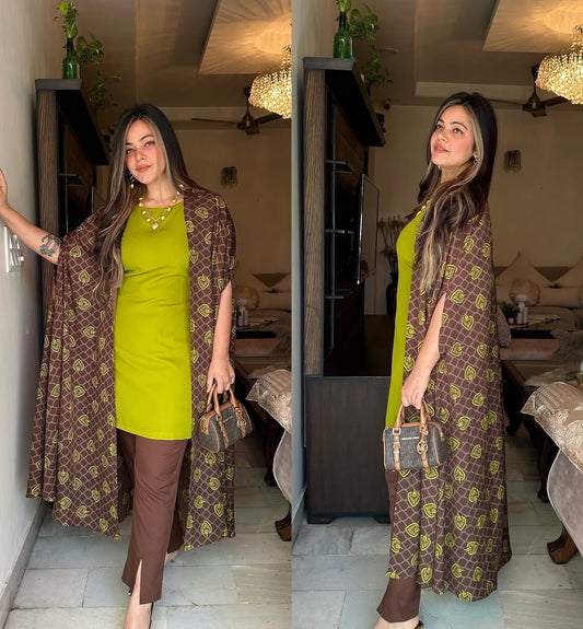 Olive Green Tunic with Printed Brown Shrug