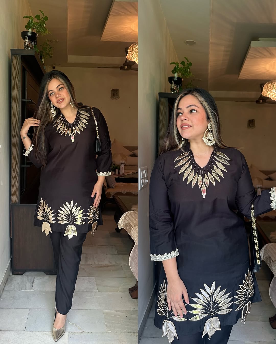 Black & Gold Leaf Embellished Set