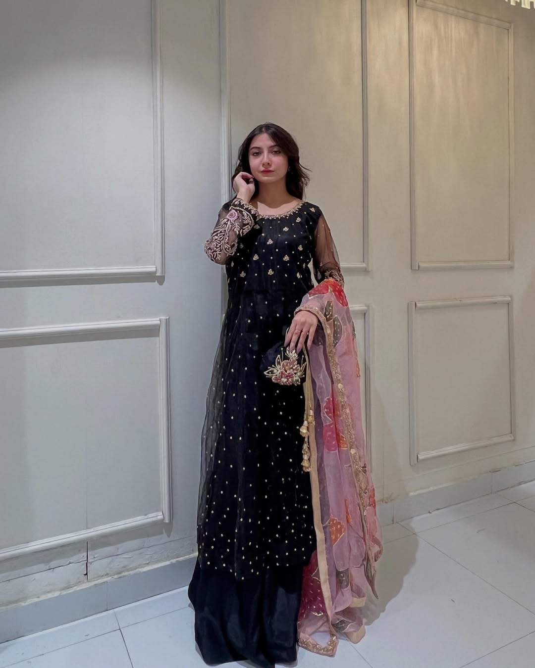 Black Net Embroidered Kurta Set