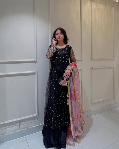 Black Net Embroidered Kurta Set