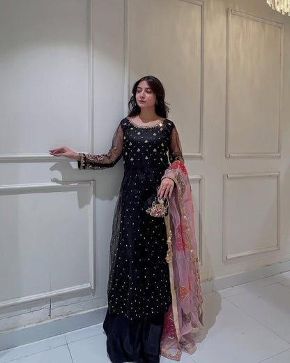 Black Net Embroidered Kurta Set